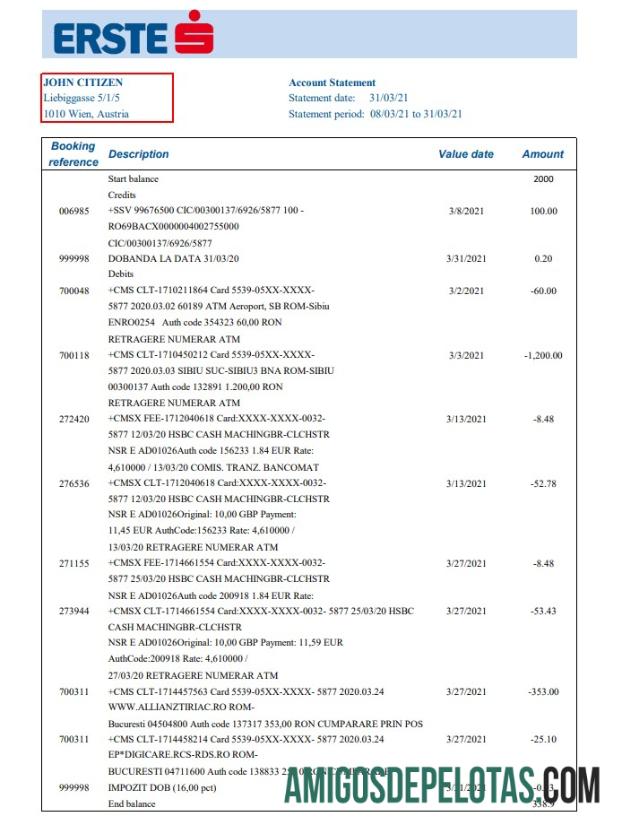 Extrato bancário do Grupo Austria Erste para download, modelo fácil de preencher em formato Excel e PDF